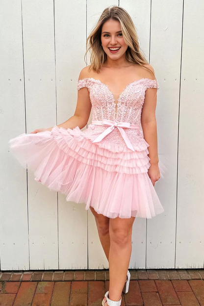omberprom Elegant A Line Graduation Dresses Tulle Tiered Short Homecoming Dress