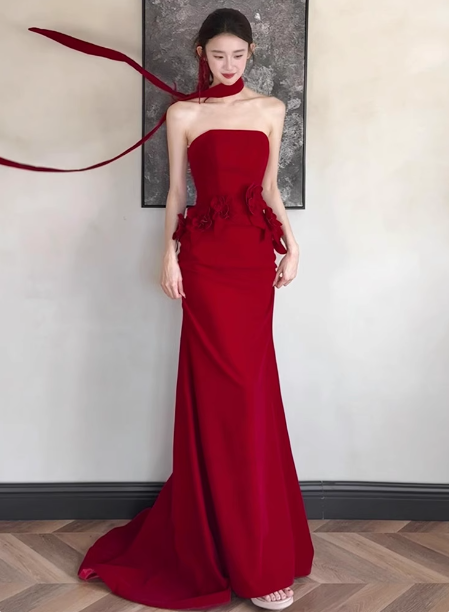Elegant Burgundy Mermaid Strapless 3D Floral Satin Train Prom Dress Evening Dress P4429