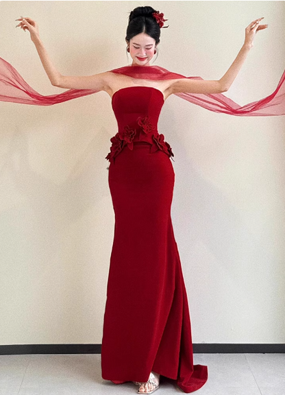 Elegant Burgundy Mermaid Strapless 3D Floral Satin Train Prom Dress Evening Dress P4429
