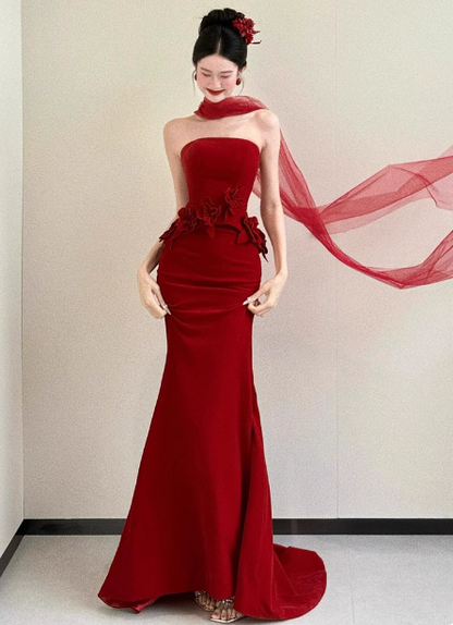 Elegant Burgundy Mermaid Strapless 3D Floral Satin Train Prom Dress Evening Dress P4429