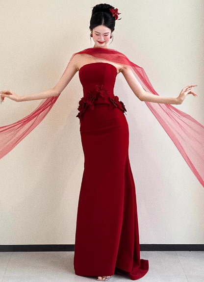 Elegant Burgundy Mermaid Strapless 3D Floral Satin Train Prom Dress Evening Dress P4429