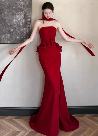 Elegant Burgundy Mermaid Strapless 3D Floral Satin Train Prom Dress Evening Dress P4429