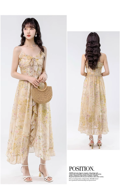 Vintage Yellow Ruffled Hem Floral Design Elegant A-line Spaghetti Strap Dress TP3360
