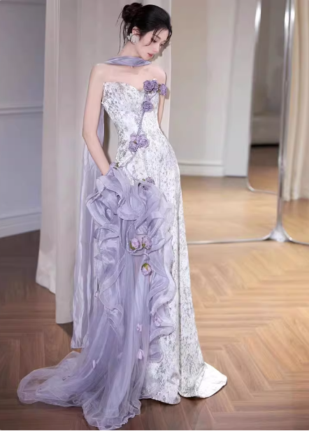 Beautiful Purple-White Gradient Strapless 3D Floral Tulle Satin Long Prom Dress Evening Dress P4430