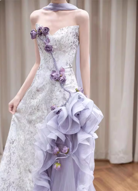 Beautiful Purple-White Gradient Strapless 3D Floral Tulle Satin Long Prom Dress Evening Dress P4430