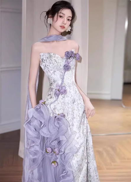 Beautiful Purple-White Gradient Strapless 3D Floral Tulle Satin Long Prom Dress Evening Dress P4430