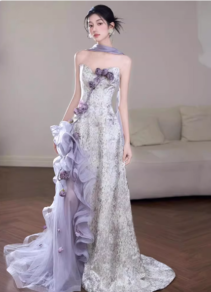 Beautiful Purple-White Gradient Strapless 3D Floral Tulle Satin Long Prom Dress Evening Dress P4430