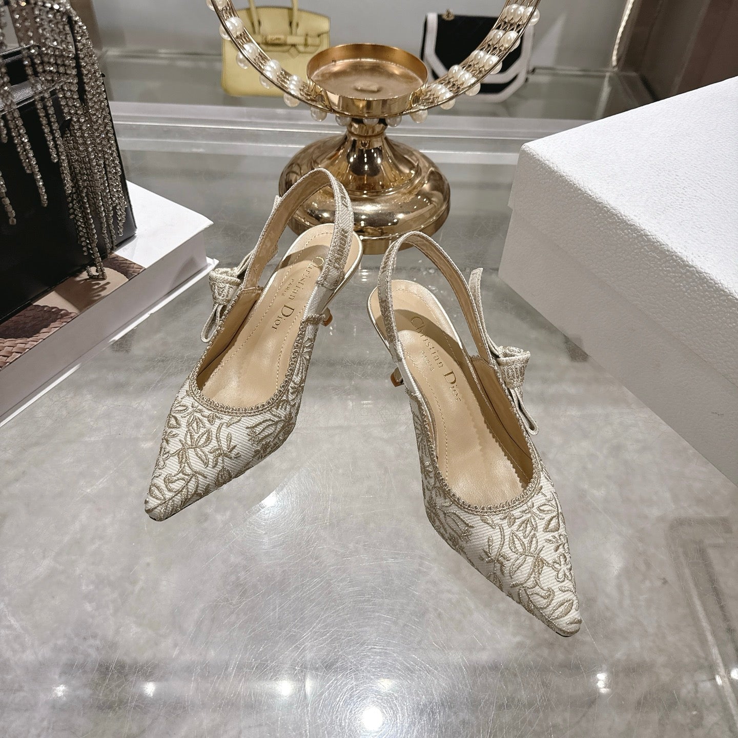CC 26 Slingback Metallic Floral Embroidery 45mm Ivory Gold Tweed 592234