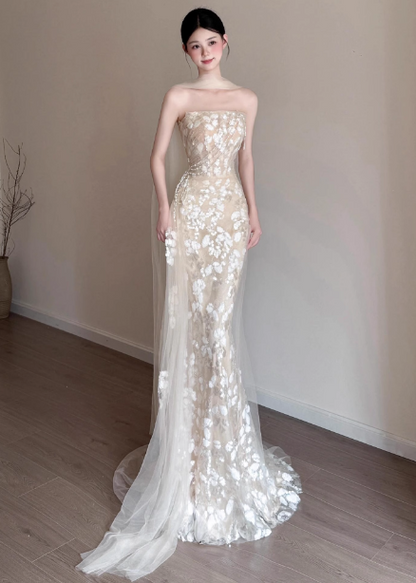 Elegant Champagne Mermaid Strapless Petal Tulle Long Prom Dress Evening Dress P4432