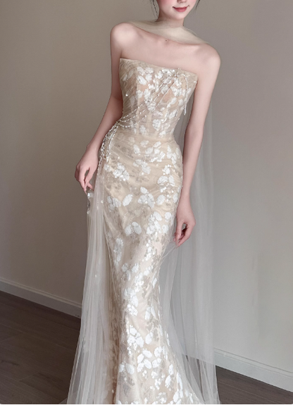 Elegant Champagne Mermaid Strapless Petal Tulle Long Prom Dress Evening Dress P4432