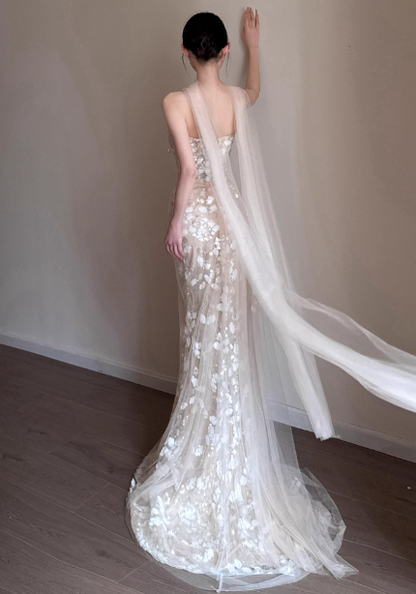 Elegant Champagne Mermaid Strapless Petal Tulle Long Prom Dress Evening Dress P4432
