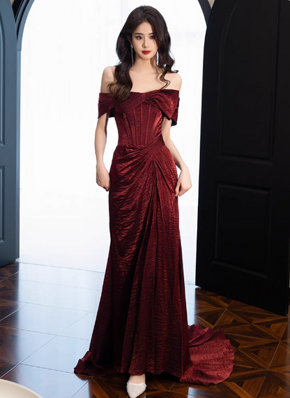 Elegant Burgundy Mermaid Off-the-shoulder Ruffled Satin Train Prom Dress Evening Dress P4433