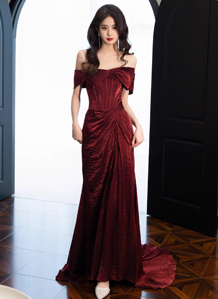 Elegant Burgundy Mermaid Off-the-shoulder Ruffled Satin Train Prom Dress Evening Dress P4433