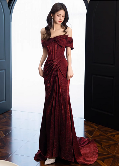 Elegant Burgundy Mermaid Off-the-shoulder Ruffled Satin Train Prom Dress Evening Dress P4433