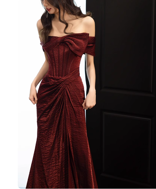 Elegant Burgundy Mermaid Off-the-shoulder Ruffled Satin Train Prom Dress Evening Dress P4433