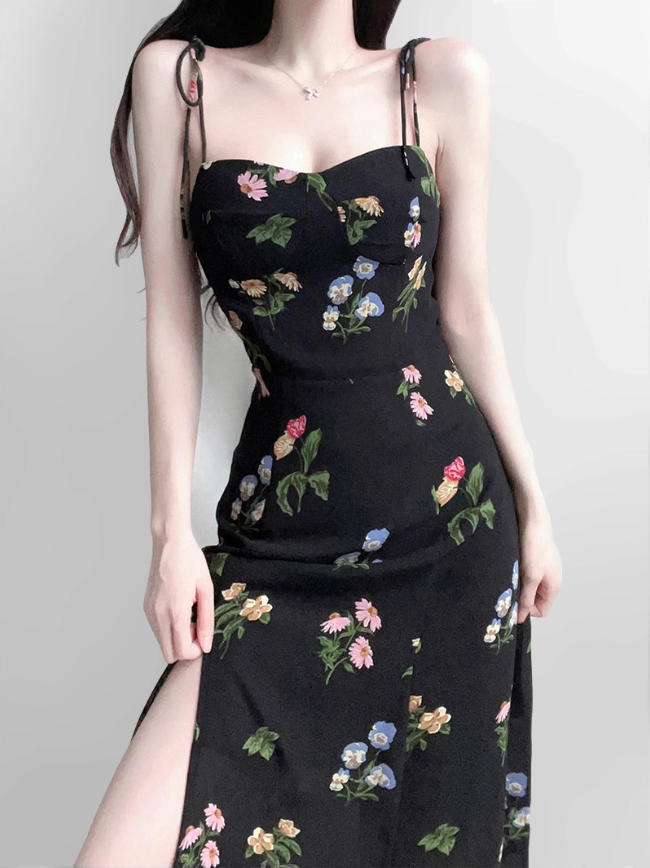 2025 summer new retro black floral waist slim sexy suspender dress R0917