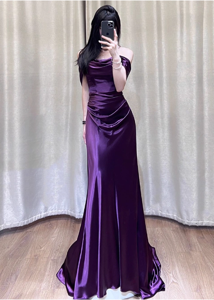 Sexy Deep Purple Mermaid Off-the-shoulder Satin Long Prom Dress Evening Dress P4434