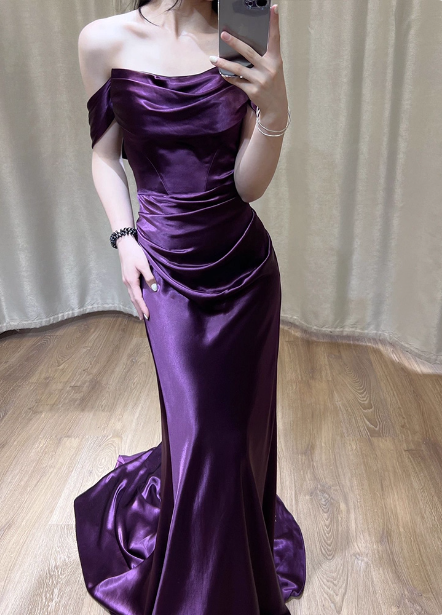 Sexy Deep Purple Mermaid Off-the-shoulder Satin Long Prom Dress Evening Dress P4434