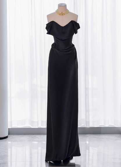Elegant Black Slim-fit Off-the-shoulder Satin Long Prom Dress Evening Dress P4437