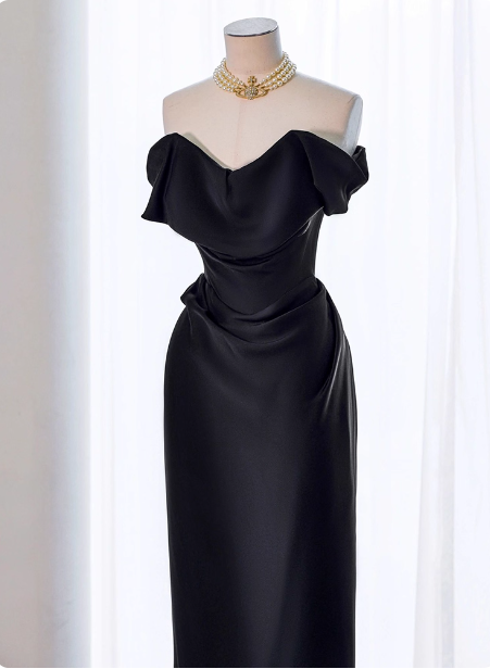 Elegant Black Slim-fit Off-the-shoulder Satin Long Prom Dress Evening Dress P4437