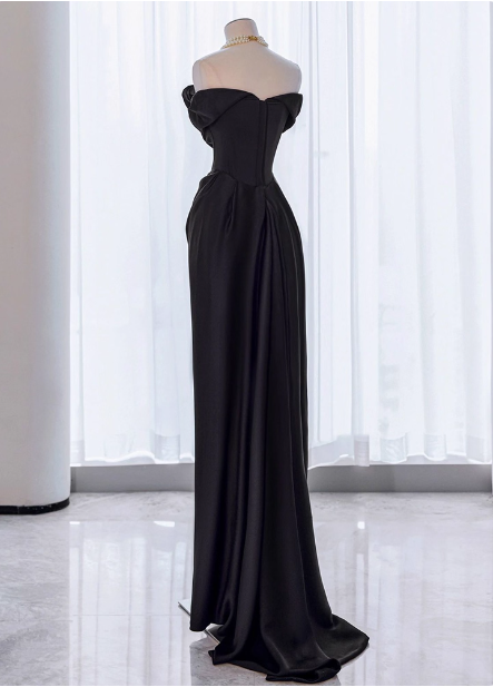 Elegant Black Slim-fit Off-the-shoulder Satin Long Prom Dress Evening Dress P4437
