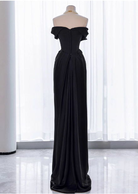 Elegant Black Slim-fit Off-the-shoulder Satin Long Prom Dress Evening Dress P4437