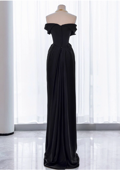 Elegant Black Slim-fit Off-the-shoulder Satin Long Prom Dress Evening Dress P4437