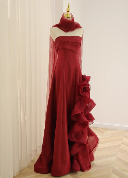 Elegant Burgundy 3D Floral Embellished Strapless Satin Long Prom Dress Evening Dress P4438