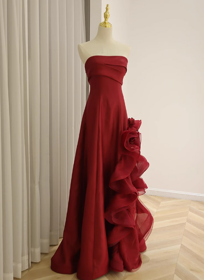 Elegant Burgundy 3D Floral Embellished Strapless Satin Long Prom Dress Evening Dress P4438