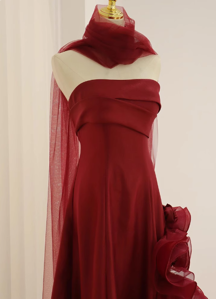 Elegant Burgundy 3D Floral Embellished Strapless Satin Long Prom Dress Evening Dress P4438