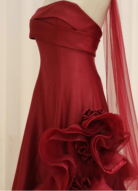 Elegant Burgundy 3D Floral Embellished Strapless Satin Long Prom Dress Evening Dress P4438