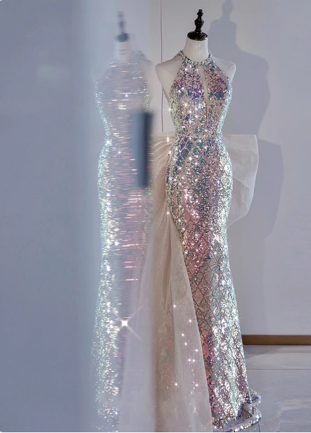 Shiny Dreamy Iridescent Gradient Mermaid Halter Neck Bow Sequin Long Prom Dress Evening Dress P4439