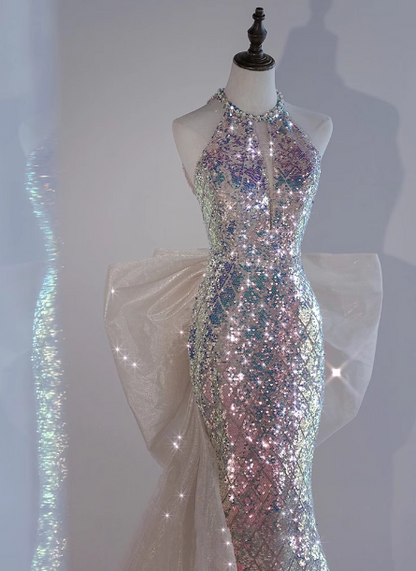 Shiny Dreamy Iridescent Gradient Mermaid Halter Neck Bow Sequin Long Prom Dress Evening Dress P4439