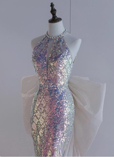 Shiny Dreamy Iridescent Gradient Mermaid Halter Neck Bow Sequin Long Prom Dress Evening Dress P4439