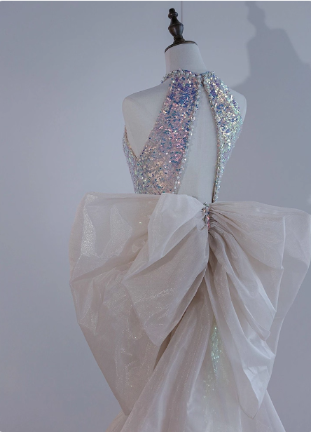 Shiny Dreamy Iridescent Gradient Mermaid Halter Neck Bow Sequin Long Prom Dress Evening Dress P4439