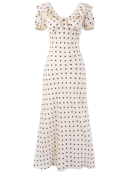 2025 Summer New French Gentle Style Polka Dot Puff Sleeves Ruffled V-Neck Dress R0912