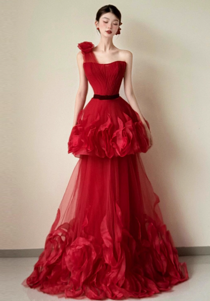 Beautiful Red One-shoulder Strapless 3D Floral Layered Tiered Tulle Long Prom Dress Evening Dress P4441