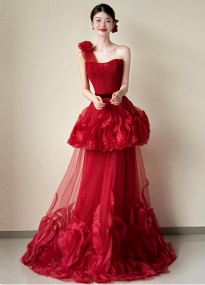 Beautiful Red One-shoulder Strapless 3D Floral Layered Tiered Tulle Long Prom Dress Evening Dress P4441