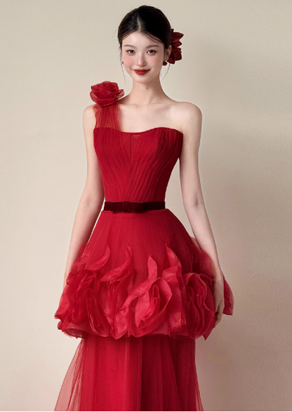 Beautiful Red One-shoulder Strapless 3D Floral Layered Tiered Tulle Long Prom Dress Evening Dress P4441