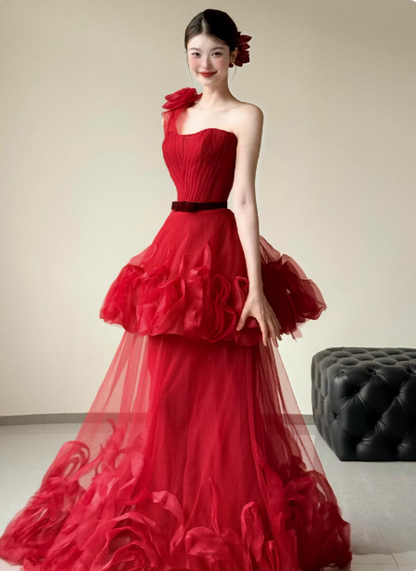 Beautiful Red One-shoulder Strapless 3D Floral Layered Tiered Tulle Long Prom Dress Evening Dress P4441