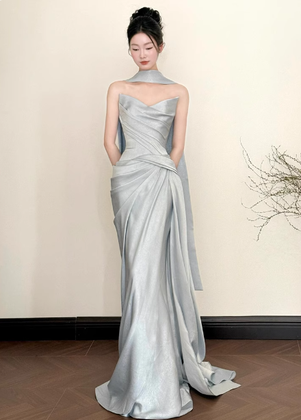 Elegant Mermaid Strapless Ruffled Satin Train Prom Dress Evening Dress P4442