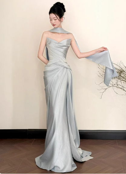 Elegant Mermaid Strapless Ruffled Satin Train Prom Dress Evening Dress P4442