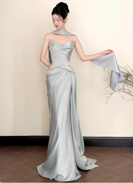 Elegant Mermaid Strapless Ruffled Satin Train Prom Dress Evening Dress P4442