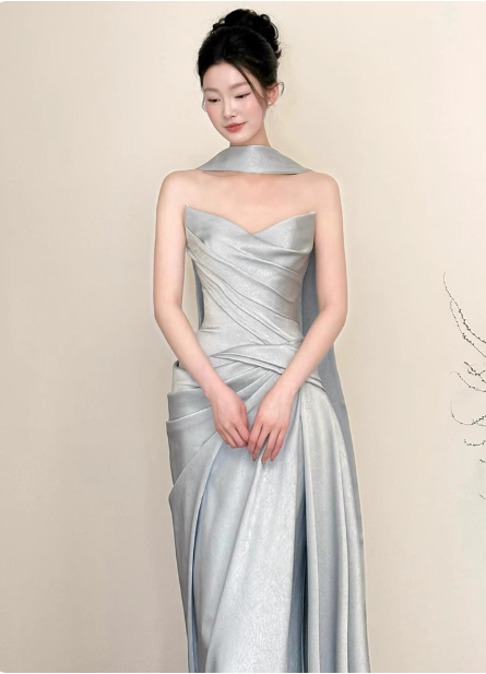 Elegant Mermaid Strapless Ruffled Satin Train Prom Dress Evening Dress P4442