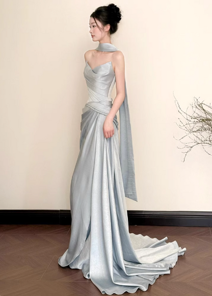 Elegant Mermaid Strapless Ruffled Satin Train Prom Dress Evening Dress P4442