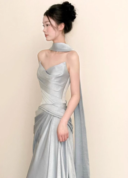 Elegant Mermaid Strapless Ruffled Satin Train Prom Dress Evening Dress P4442