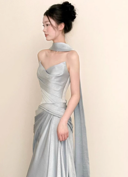Elegant Mermaid Strapless Ruffled Satin Train Prom Dress Evening Dress P4442