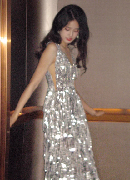 Gorgeous Silver V-neck Tassel Sequin Long Prom Dress Evening Dress P4443