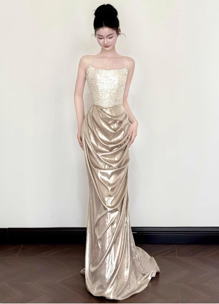 Elegant Champagne Gold Mermaid Strapless Ruffled Satin Train Prom Dress Evening Dress P4444