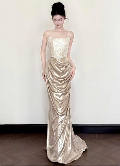 Elegant Champagne Gold Mermaid Strapless Ruffled Satin Train Prom Dress Evening Dress P4444